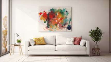 Abstract Painting on White Wall in Modern Living Room Interior