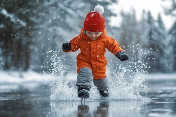 A young boy in an orange jumpsuit and red hat skates on a frozen lake, kicking up water as he glides across the ice.