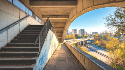 Fototapeta premium Arched steel bridge with pedestrian stairs under sunlight, showcasing a vibrant cityscape and highway below on a clear day