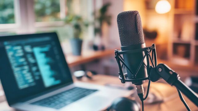 Close-up of a microphone and headphones on an office table near a laptop in a cozy home studio, perfect for podcasting and content creation