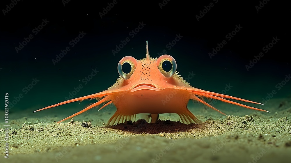 Poster detailed close up view of a tripod fish with its elongated fins standing upright on the lush blue gr