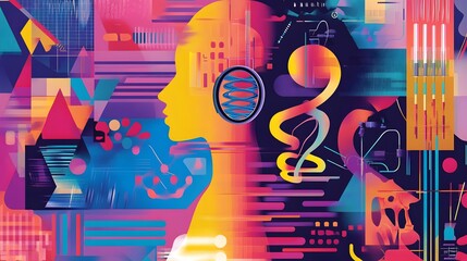 Obraz premium Mind's Vivid Tapestry: An abstract illustration of a woman's profile interwoven with vibrant scientific imagery, symbolizing innovation, intelligence, and the power of the human mind. 