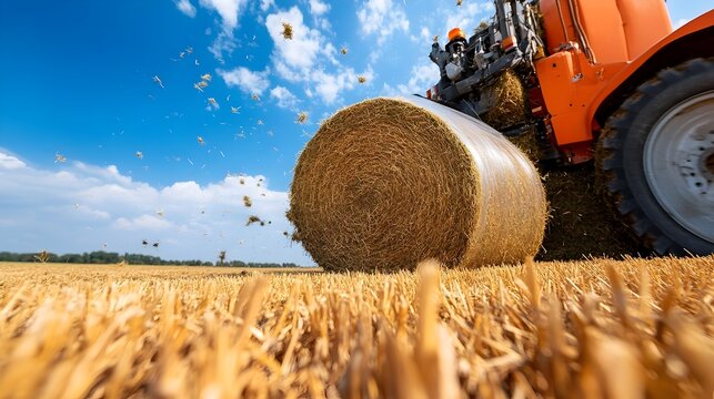Detailed close up view of an agricultural hay baler machine compressing and wrapping freshly harvested hay bales in a picturesque countryside field setting during the autumn season