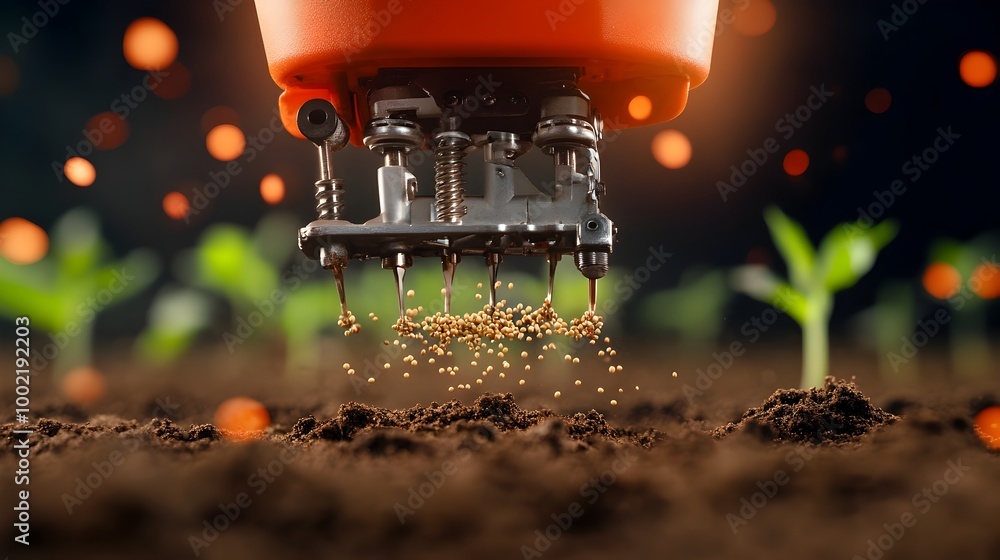 Poster Detailed close up view of the intricate metal components and mechanisms of a precision seeder as it accurately places seeds into the soil