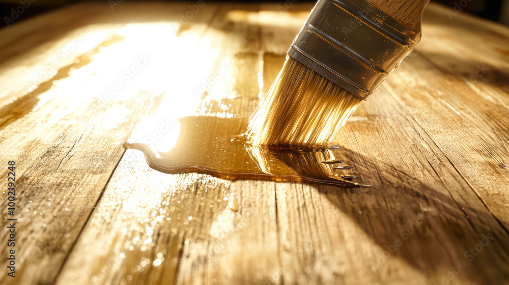 Poster a brush applying shiny varnish to a light wooden surface with drips in a rustic setting, highlightin