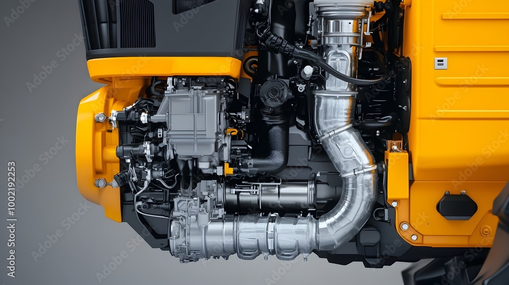 Poster Detailed close up view showcasing the complex engine block and exhaust system components of a modern high powered agricultural tractor highlighting the mechanical intricacies of farm machinery