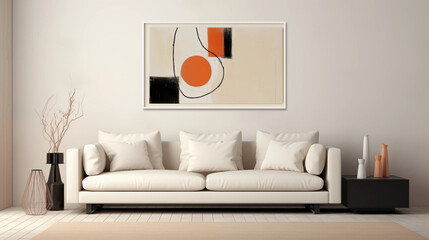 Abstract Art Painting in White Frame Above White Sofa in Minimalist Living Room