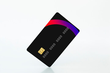 Mockup template of credit or debit black card standing on corner, levitating bank card