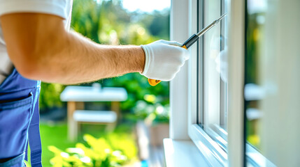 A skilled worker repairs plastic window frames from inside a bright kitchen with a green garden view outside during daylight hours