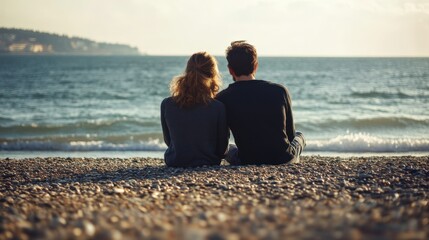 Couple Sitting On Beach. Rear View of Man and Woman Enjoying Sea Together