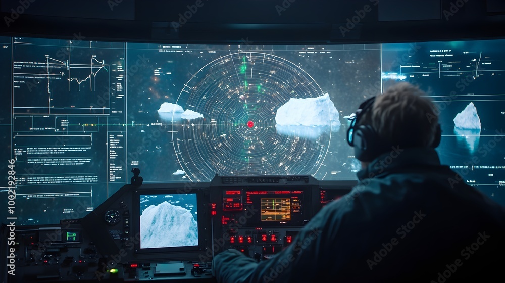 Poster detailed radar screen interface showing the locations and movements of icebergs in the ocean providi