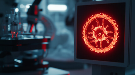 Close-Up of a Glowing Red Warning Sign Featuring a Cancer Cell Illustration Against a Blurred Background of Medical Equipment and Lab Instruments, Emphasizing Health Risks and Awareness