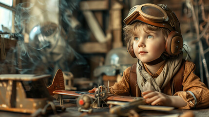 Young aviator is dreaming in a workshop while building a wooden plane model
