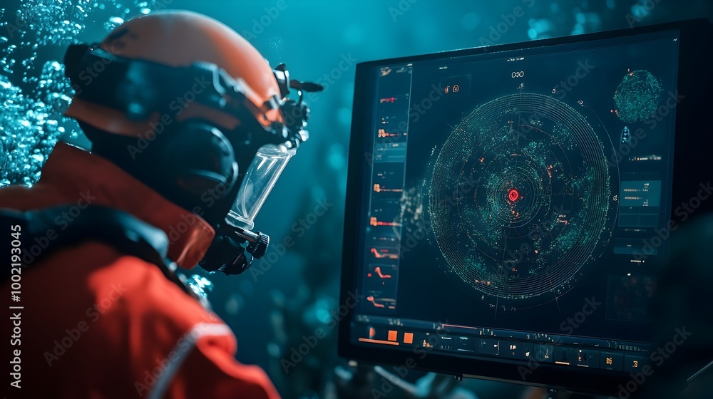 Aufkleber Detailed Sonar Radar Display Used in Underwater Rescue Advanced Visualization and Mapping Capabilities for Marine Environments and Ecosystems