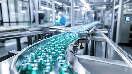 Obraz premium A close-up of a conveyor belt carrying a stream of small, clear, glass vials in a pharmaceutical manufacturing facility.