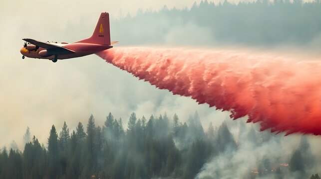 Detailed view of a plane spraying fire retardant chemicals from the air to combat a raging wildfire in a forested landscape