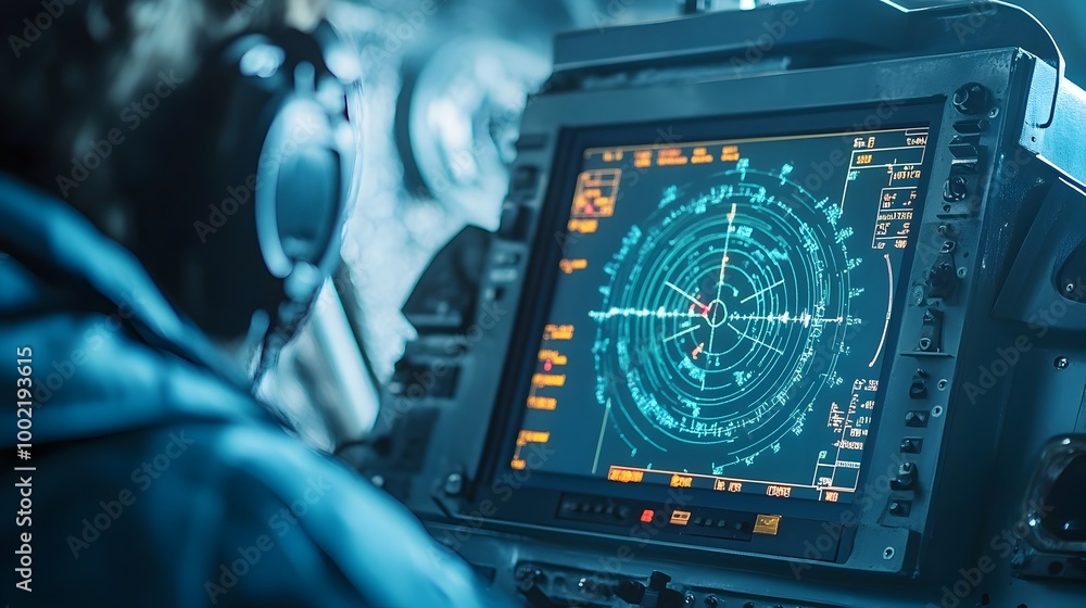 Poster Detailed view of a submarine radar display screen showcasing underwater activity depth readings and other critical maritime data and information for intelligence gathering