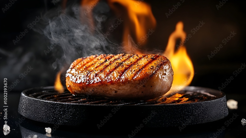 Poster detailed view of a whole duck breast sizzling over open flames with a crispy golden brown skin and j