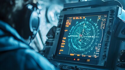 Detailed view of a submarine radar display screen showcasing underwater activity depth readings and other critical maritime data and information for intelligence gathering