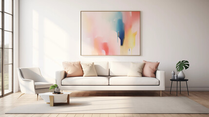 Modern Living Room Interior with White Sofa and Abstract Painting