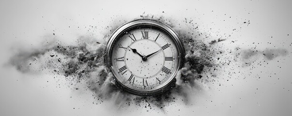 Vintage clock with spinning hands surrounded by exploding particles in a dynamic motion effect