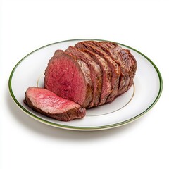 Roast beef on a plate, isolated on a white background, elegantly presented to highlight its succulence.