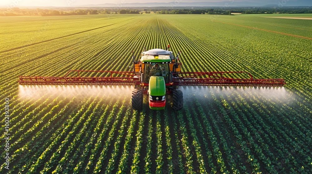 Poster Detailed view of an advanced GPS guided sprayer arm precisely distributing fertilizers and other agricultural inputs across a expansive farming field