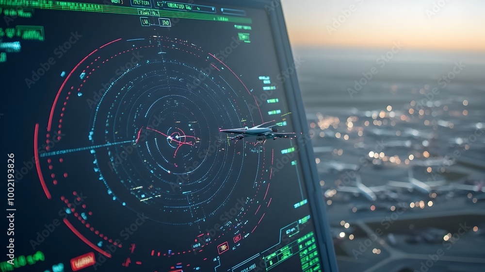 Fototapete Detailed view of an airport air traffic control radar screen displaying real time information about the location speed and altitude of multiple aircraft in the surrounding airspace