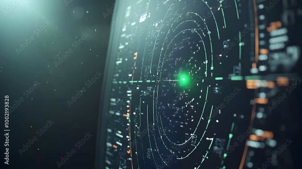 Fototapete detailed view of an aircraft detection radar screen displaying bright green blips against a dark bac