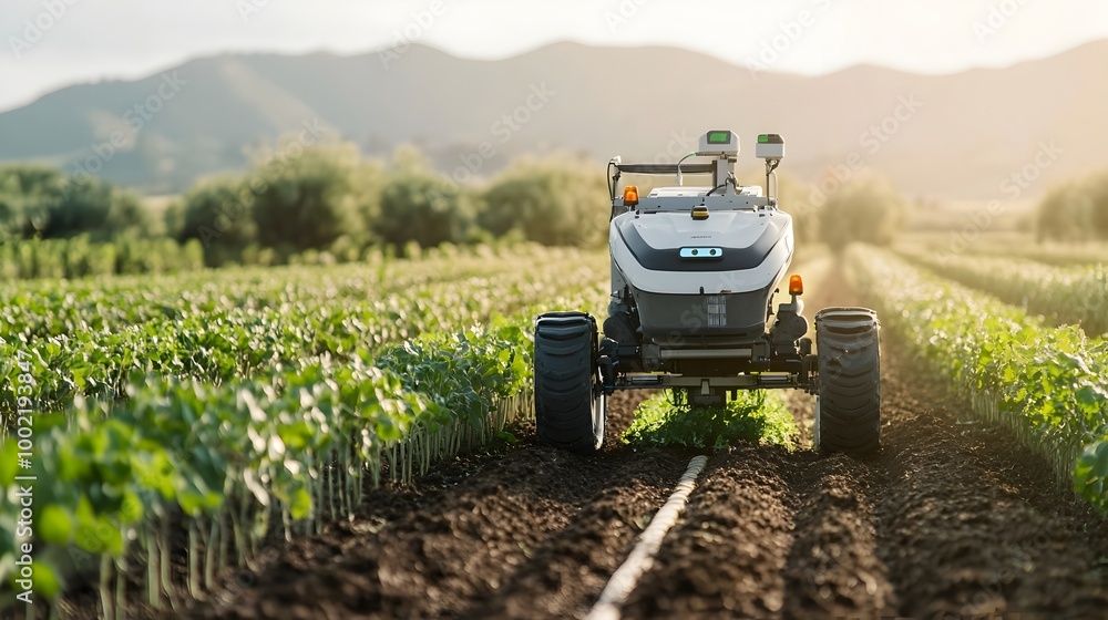 Poster Detailed view of an autonomous weeding machine carefully navigating through a row of crops showcasing the advancements in agricultural technology and the pursuit of sustainable