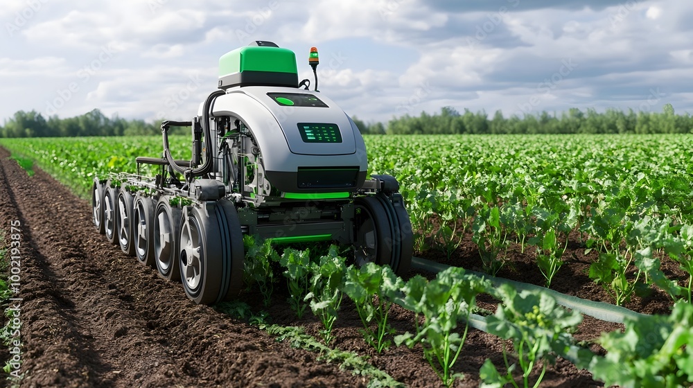 Poster Detailed view of an autonomous weeding machine navigating a row of crops showcasing the latest advancements in precision farming technology and sustainable agricultural practices