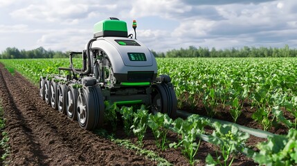 Detailed view of an autonomous weeding machine navigating a row of crops showcasing the latest advancements in precision farming technology and sustainable agricultural practices
