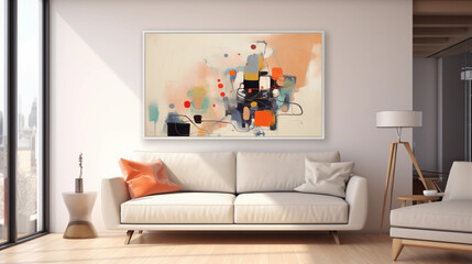 Abstract Painting in White Frame Above Beige Sofa in Modern Living Room