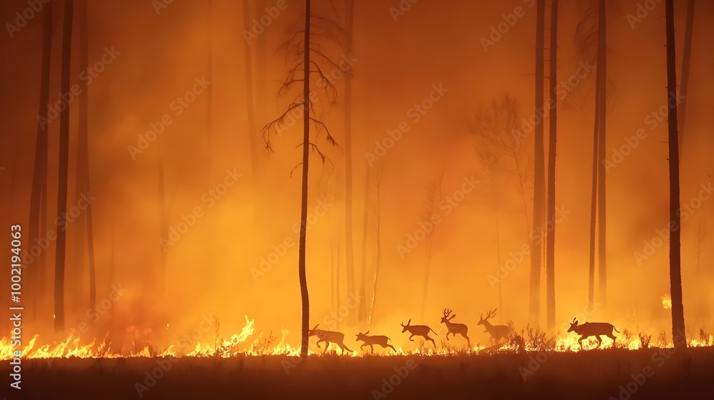 Poster detailed view of wild animals running and escaping from a raging forest fire with smoke and chaos in