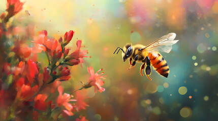 Fototapeta premium Busy Bee Hovering Over Beautiful Blooming Flower