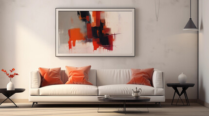 Modern Living Room Interior with White Sofa Abstract Painting and Black Coffee Table
