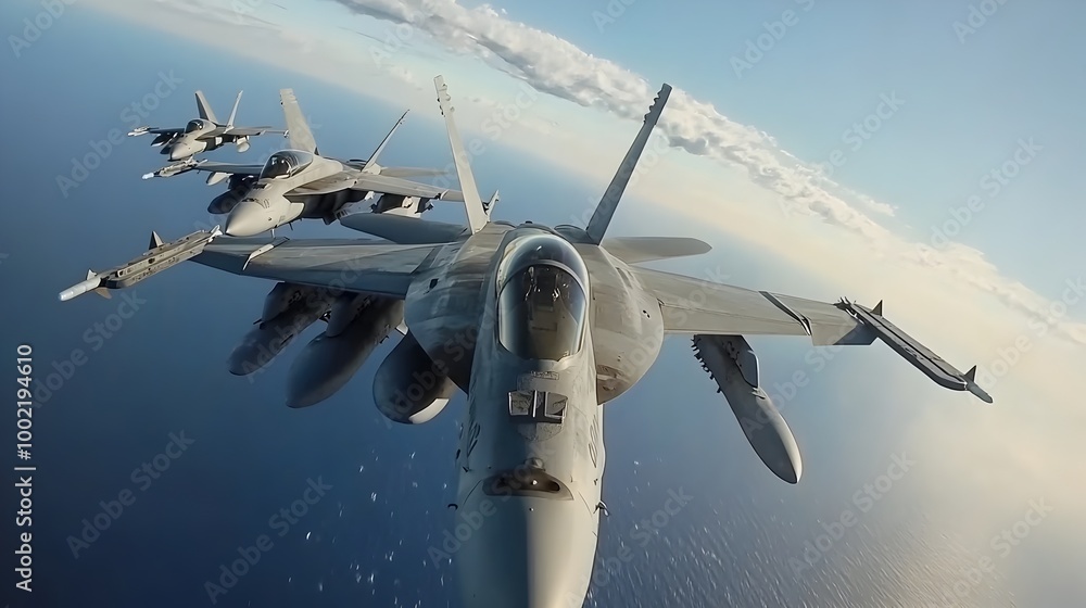 Aufkleber dramatic aerial engagement between highly maneuverable fighter jets captured over the sweeping backd