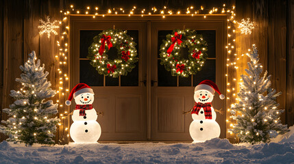 Festive Christmas Entrance with Snowmen and Holiday Lights