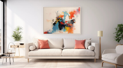 Abstract Painting on White Wall in Modern Living Room Interior
