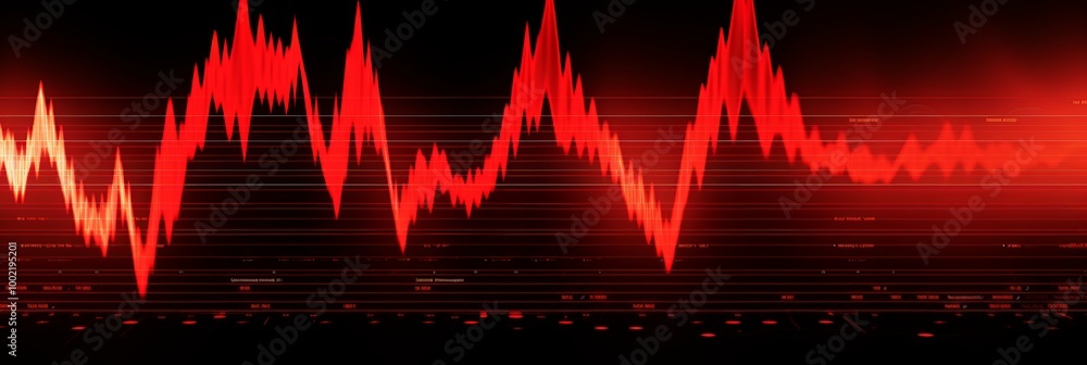 Poster dynamic red waveform visualization illustrating audio frequency patterns and intensity levels