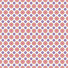 Burmese pattern, a floral pattern with 8 points mixed with square geometric shapes, perfectly combined, seamless, red, blue, pink and yellow arranged beautifully, a fabric pattern for textiles, curtai