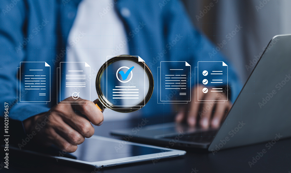 Poster businessman use document icon on virtual screen checklist and documentation management, business gro