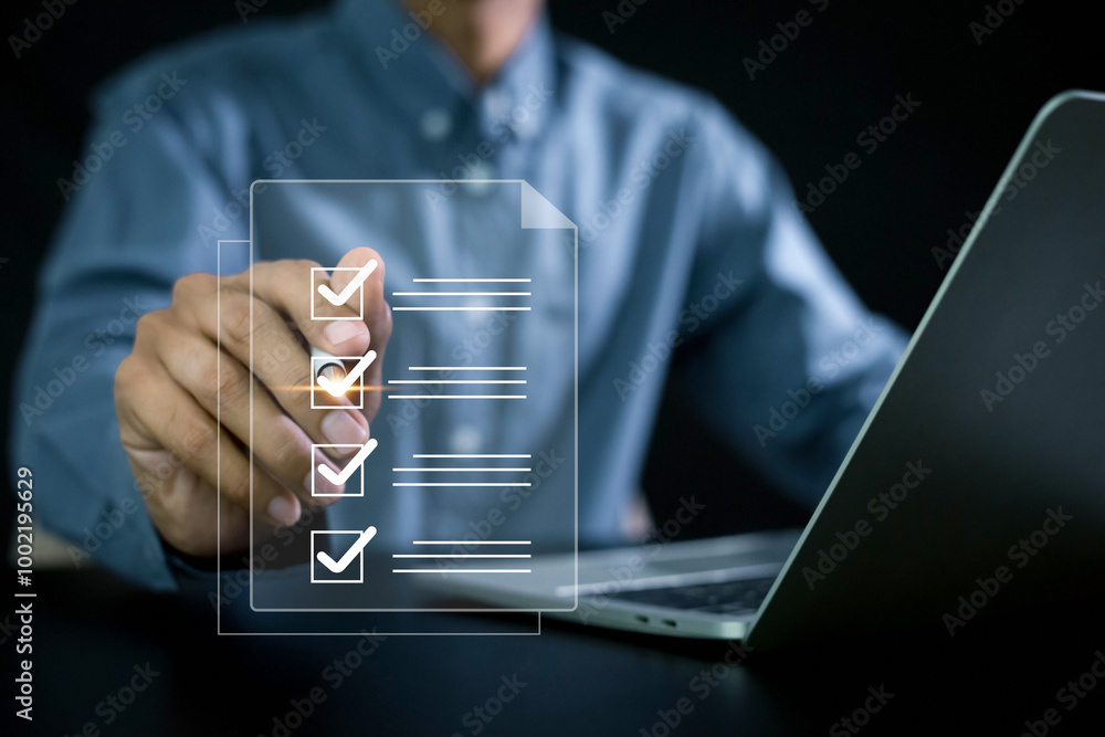 Poster businessman use document icon on virtual screen checklist and documentation management, business gro
