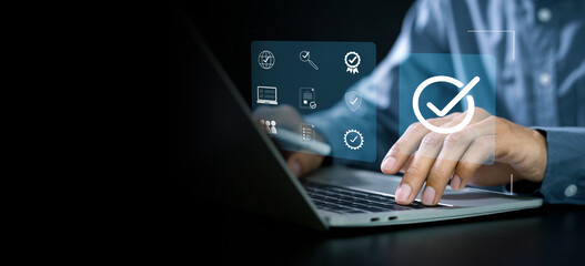 Standards quality assurance control Businessman touch on virtual correct sign with document icon for approve quality assurance industrial, satisfaction customer, guarantee process