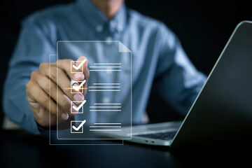 Businessman use document icon on virtual screen checklist and documentation management, business...