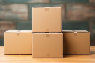 Stacked cardboard boxes on a wooden table in a well-lit indoor space during daylight hours