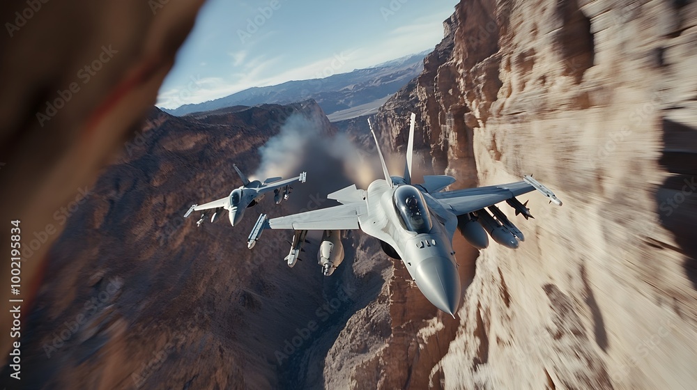 Poster dramatic high speed chase of fighter jets maneuvering through a narrow canyon the racing to capture 