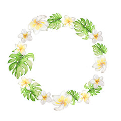 Tropical Flowers and Plumeria Leaves Wreath Frame. Watercolor Botanical Illustration. Design Element for Cards, Invitations, Websites, Blogs, Packaging