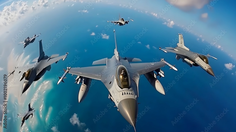 Poster Dramatic scene of fighter jets engaged in intense aerial combat with the dynamically capturing the action across the vast ocean horizon below