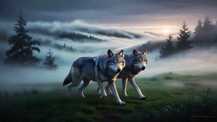 Experience the allure of the wild with this mesmerizing image of a pair of wolves moving gracefully through a misty valley at dawn.